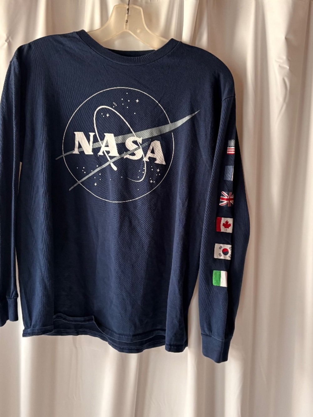 Hybrid Apparel Boy's L Navy Long Seeve NASA T-Shirt with Flags on Sleeve